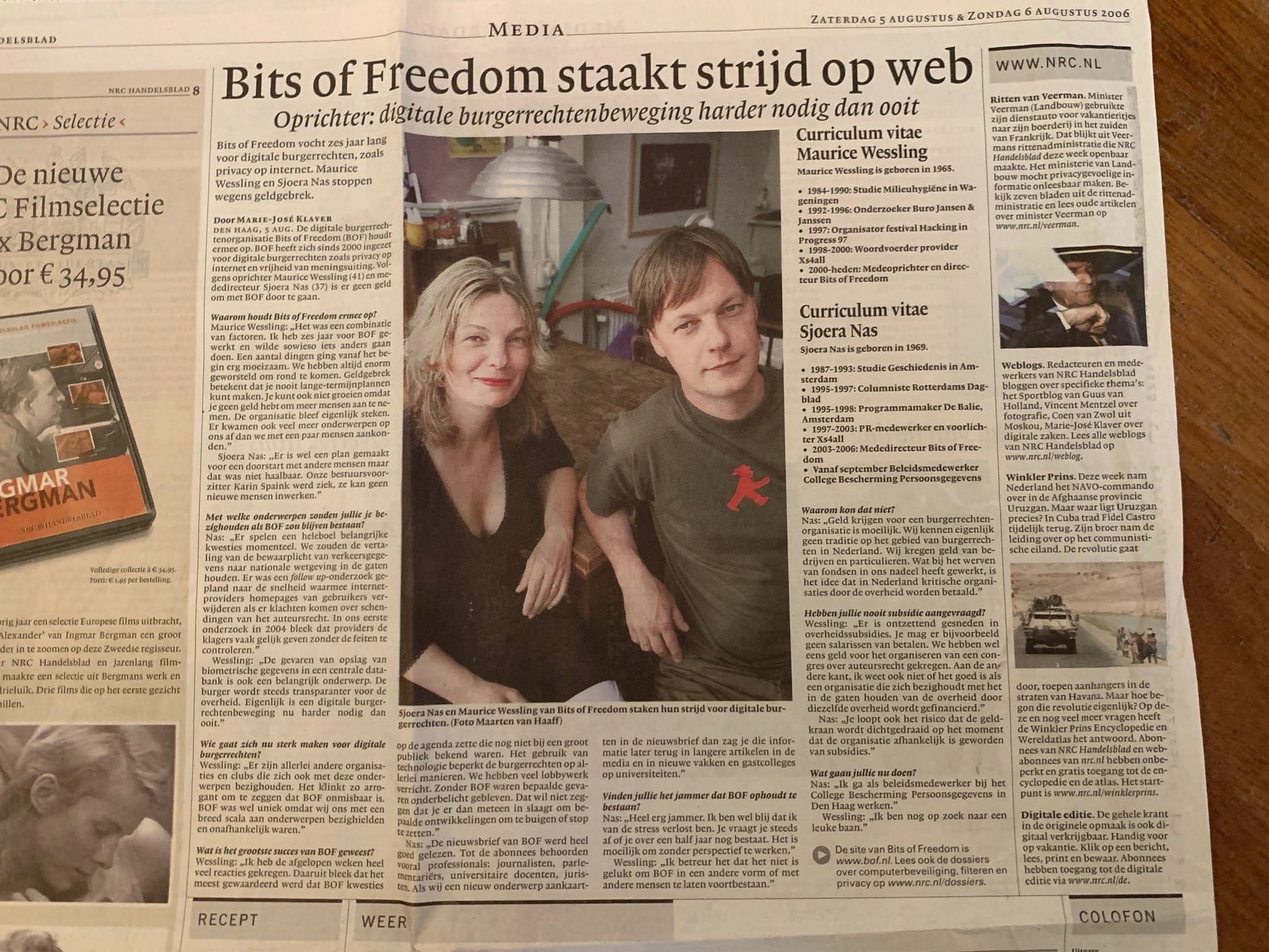 Foto van het NRC krantenartikel over het stoppen van BoF.