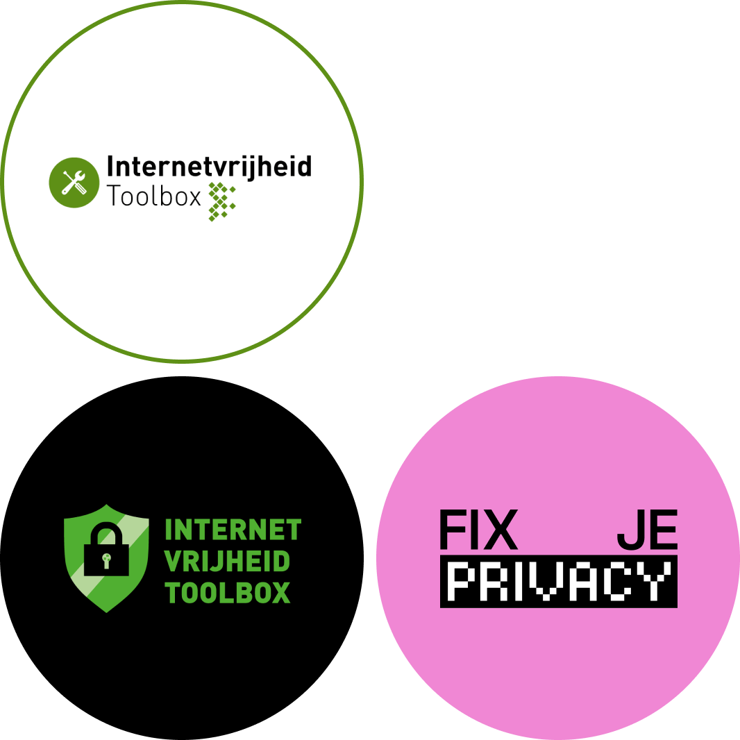 Internetvrijheid Tool logo’s uit 2013 en 2015, en de naam en logo update Fix je privacy uit 2020.