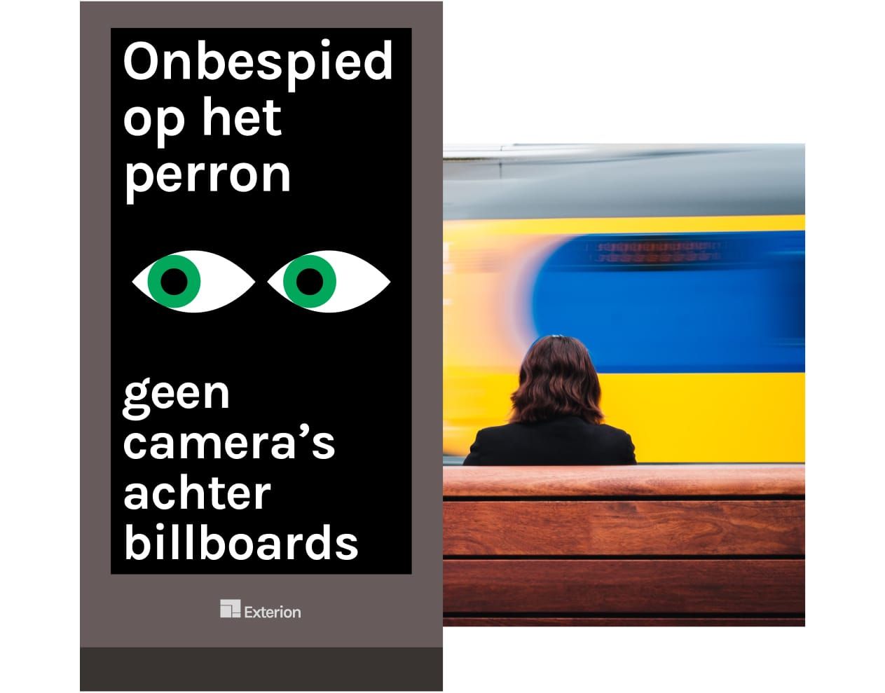 Illustratie van een billboard en NS perron dat leest "Onbespied op het perron, geen camera's achter billboards".